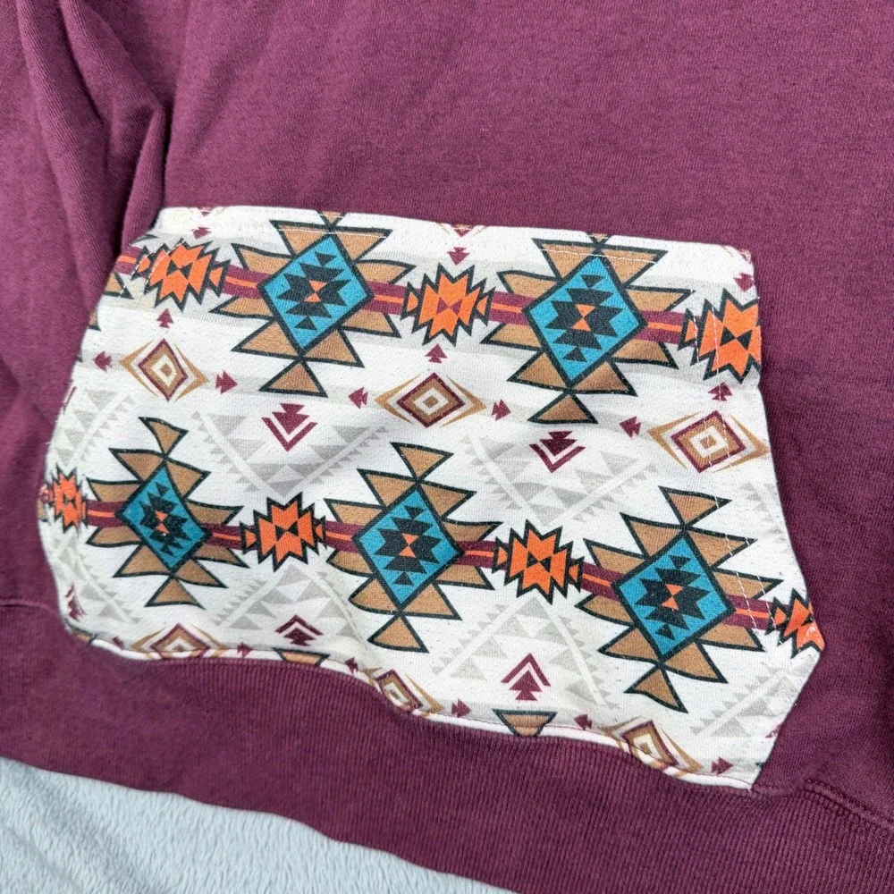 Hooey Burgundy Aztec Print Pocket Pullover Hoodie Womens Fleece Sweatshirt Large
